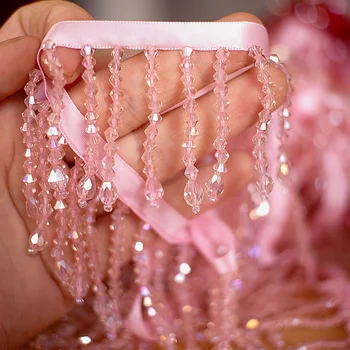0.5Yard Pink Crystal Beaded Nėrinių apdailos apykaklės juostelės Afrikos nėrinių siuvimo medžiagos Amatai drabužių diržams Vestuvinė suknelė