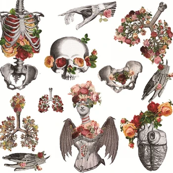 12Pcs/Pack Flowers Skeleton Bone Skull Vintage Sticker Pasidaryk pats amatų iškarpų albumas Žurnalo planuotojas Dekoratyviniai lipdukai