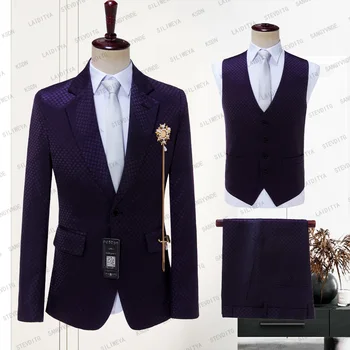 2023 Fashion Dark Purple Jacquard Dots Švarkai Kelnės Liemenė 3 Vienetų komplektas Naujas vyriškas laisvalaikio butikas Verslas Britiško stiliaus kostiumai