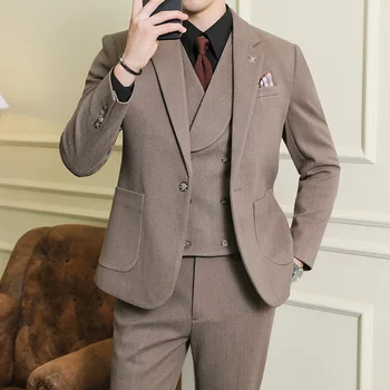 2023 Fashion New Men Casual Boutique Slim One Button Solid Color Business Wedding Suit 3 Vnt Set Dress Blazers Striukės Kelnės Liemenė