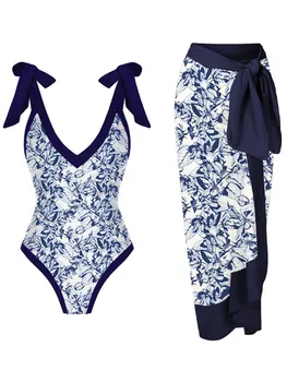 2023 Fashion V Neck Print Lace Up maudymosi kostiumėlis Sling Bow prašmatnūs dirželiai Bikini elegantiškas užvalkalas aukštu juosmeniu Slim Fit Backless paplūdimio drabužiai