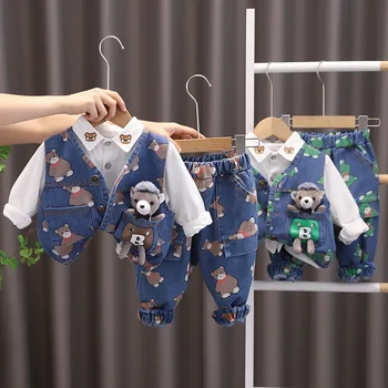 2023 Ruduo Korėjiečių mažas berniukas 3PCS drabužių rinkinys Animacinis lokys Džinsinė liemenė Marškiniai ilgomis rankovėmis Džinsai Kostiumas Kūdikių kūdikių berniukų apranga