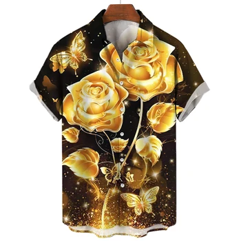 2023 Summer Caual vyriški marškiniai Auksinė rožė Havajų marškiniai Vyriški 3d spausdinti gėlių mados marškiniai Vyriški gatvės sagos trumpomis rankovėmis