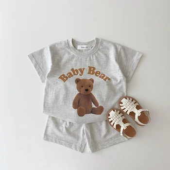 2023 Summer New Infant Boy Cartoon 3D Bear Printed Pattern Casual Short Sleeve Tops+Toddler Girl Breathable Shorts 2vnt Set