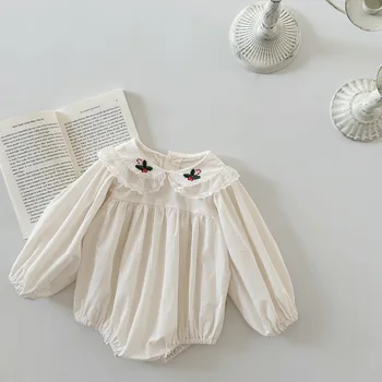 2024 Pavasario mergaitė Kūdikių siuvinėjimas Gėlių nėrinių tinklelis Atlapas Smėlinukas ilgomis rankovėmis Naujagimis Kieta medvilnė Princesė Fashion Onesie