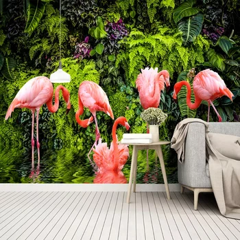 3D tapetai Šiaurės šalių mažas šviežias atogrąžų miškas Bananų lapai Flamingo sieninis popierius Ritininis tinklelis Fonas Sienų audinys Freska