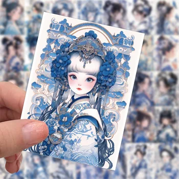 60vnt Vintažiniai mėlynos ir baltos porceliano grožio merginos lipdukai planuotojo kortelių gamybai 
