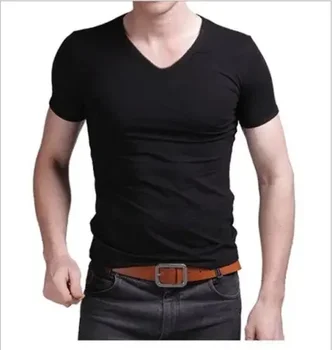 A3069 Summer Hot Sale T- marškinėliai Nauji vyriški V kaklo viršutiniai marškinėliai Tee Marškinėliai Slim Fit trumpomis rankovėmis Vienspalviai laisvalaikio marškinėliai