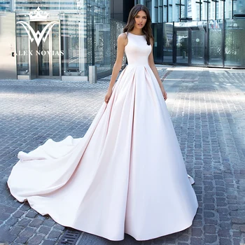 ALEX NOVIAS A-Line Satin vestuvinės suknelės moterims 2024 SCOOP Berankovės TASSEL aplikacijos Karoliukų vestuvinė suknelė Vestidos De Novia