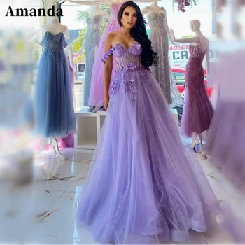 Amanda Princess Off Shoulder A-line Prom Dress 2023 Sweetheart Tulle Vestidos De Noche Lavender 3D Flower فساتين مناسبة رسمية