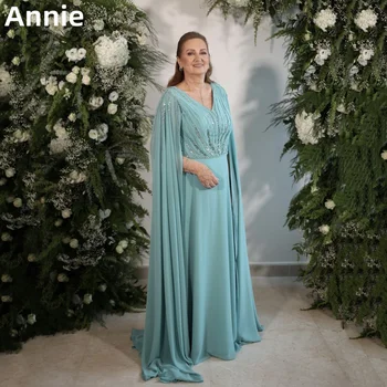 Annie elegantiškos šviesiai mėlynos prom suknelės vakarinė suknelė Šifono apsiaustas Nuotakos motina Vestuvės Oficialios progos Vakarėlių suknelės