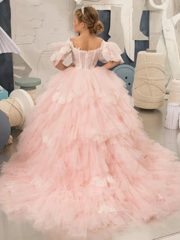 Ball Gown Flower Girl Dress Pink Fluffy Layered Bubble Sleeve Applique Wedding Little Flower Children Holy Communion Prom DressA
