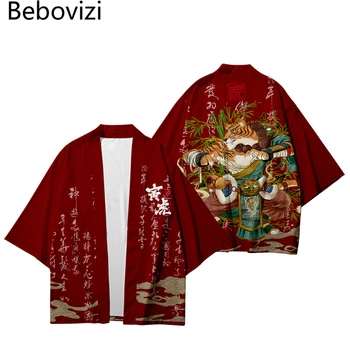 Cosplay Haori paplūdimys Yukata Yin Tiger Spausdinti Gatvės apranga Drabužių mada Japonų kardiganas Tradicinis Kimono Vyriškas Moteriškas švarkas