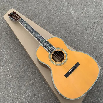 Custom 39 colių geltona kieta eglė OOO tipo akustinė gitara Abalone gėlės intarpai juodmedžio pirštų lenta