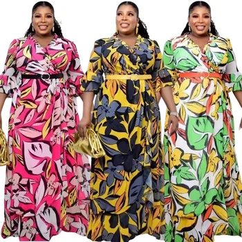 Dashiki Afrikos suknelės moterims 2024Spirng Casual Slim Retro elegantiškos trijų ketvirčių rankovės vakarėlio plisuotos suknelės