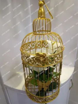 Dekoratyvinis geležinis paukštelis Drugelio grindų vestuvių šventės dekoravimas Auksinis dekoravimo rekvizitas Rodyti paukščių narve vestuves