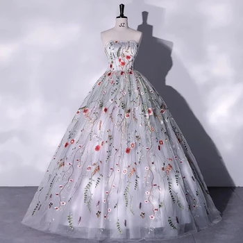 Elegantiška vakarinė suknelė 2024 m Naujos seksualios suknelės be petnešėlių šviesiai pilkos pūstos suknelės prom siuvinėtoms gėlėms Vestido De Fiesta Hot Styles