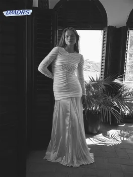 Elegantiška vestuvinė suknelė ilgomis rankovėmis V formos kaklu Romantiškas grindų ilgio apvalkalas Nuotakos chalatas Grakštus Vestidos De Novia