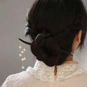 Elegantiškas temperamentas Perlų medinis kutas Persimonai Moterys Plaukų lazda Plaukų segtukas Plaukų segtukas Šakutė Kiniško stiliaus plaukų užsegimas
