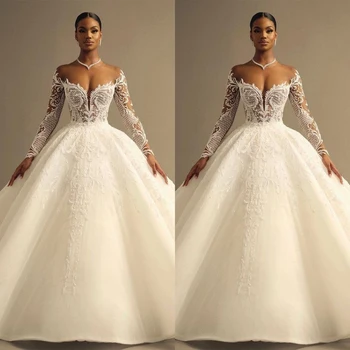 Elegantiškos vestuvinės suknelės Aplikacijos nuo pečių ilgomis rankovėmis Nuotakos baliniai chalatai Pagal užsakymą pagaminta Vestido De Novia