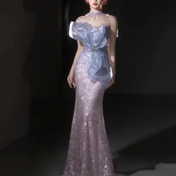 Fairy Light Purple Long Mermaid Vakarinė suknelė Moterys Fėjų karoliukais Oficialūs Prom Party chalatai