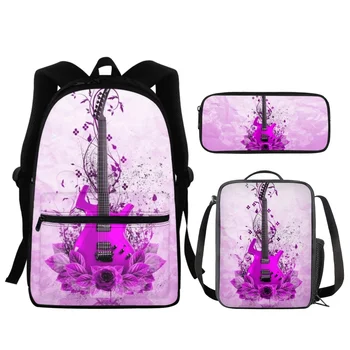 FORUDESIGNS Meal Bag Pencil Case School Backpacks Combo Creative Electric Guitar Patterns Printing Three-Piece Knapsack