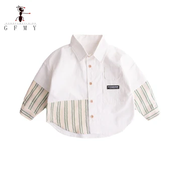 GFMY 2023 Vaikų mados dryžuoti marškiniai ilgomis rankovėmis Child Boys Medvilniniai drabužiai Baby Turn-down apykaklė 1y-10y Korėjietiško stiliaus viršūnės