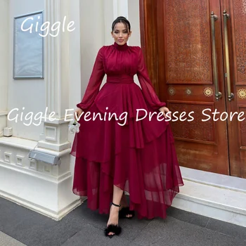 Giggle Chiffon A-line O-neck Ruffle Formal Elegant Prom Gown Ankle Length luxury Evening Pretty Party suknelės moterims 2023