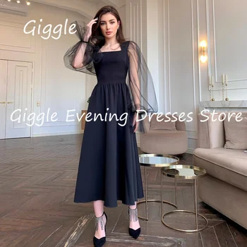 Giggle Crepe A-line Square Neck Ruffle Formal Elegant Prom Gown Ankle-length luxury Evening Pretty Party suknelės moterims 2023