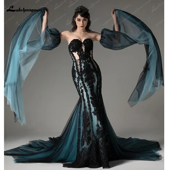 Gotikinė juoda mėlyna suknelė 2023 Seksualus nuotakos chalatas Nėrinių gėlių blizgučiai Vestuviniai chalatai Undinėlė Trouwjurk plius dydis Vestido De Novia