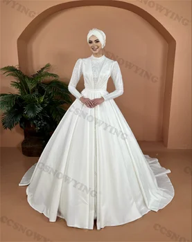 ilgomis rankovėmis satino aplikacija musulmoniška vestuvinė suknelė nuotakai aukštu kaklu hidžabas islamiški nuotakos chalatai moterys arabiškos Vestidos de Novia