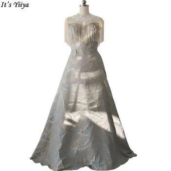 It's Yiiya Vakarinė suknelė Pilka karoliukų puokštė Kutai Trumpomis rankovėmis Grindų ilgis Žakardas A-Line Plius dydis Moteris Oficialūs vakarėlio chalatai A2552