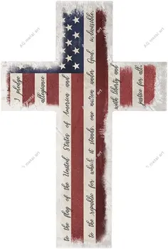 'Ištikimybės įžadas' Amerikos vėliavos sienos kryžius21,59 x 30,48 cm Vintažinis dekoras Kambario apdaila Medinis dekoratyvinis kryžius