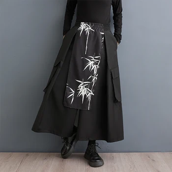 Japonų Korėja Tamsiai juodo stiliaus spauda Bambuko lapas Prašmatnus Lady Aukštas juosmuo Plačios kojos Kelnės Culotte Fashion Women Casual Ruffle Kelnės
