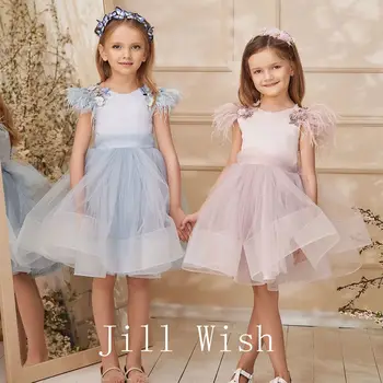 Jill Wish Elegant Blush Pink Girl Suknelė Plunksnos Karoliukai Princesės suknelė vaikams Vestuvių gimtadienis Pirmasis Komunijos vakarėlis 2024 J252