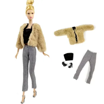 Khaki Fashion Clothes For Barbie Doll Outfits Office Lady Fur Coat & Top & Plaid Kelnės Kelnės 1/6 BJD Dolls aksesuarai Žaislas