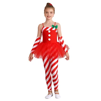 Kids Girls Candy Cane Unitard kostiumas Kalėdų senelio kalėdiniai šokių drabužiai be rankovių juostelės viso kūno kombinezonas su rankovėmis