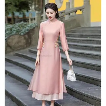 kinų Cheongsam senovinio stiliaus kasdienė suknelė Cheongsam suknelė Qipao Vintage Ao Dai siuvinėjimas Stand Up Apykaklė Rožinė Qipao suknelė