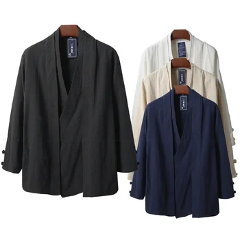 kinų stiliaus vyrai Linas Hanfu Kardigano viršūnės Zea arbata Kung Fu marškinėliai Japoniškos kimono striukės Paltai Chalatas Rytietiški madingi drabužiai