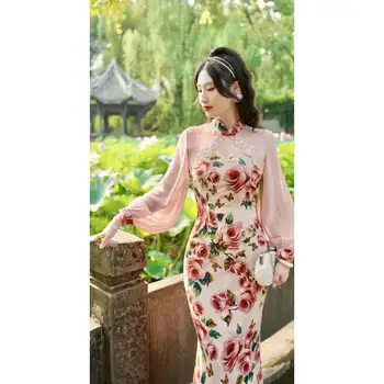 Kinų stilius Patobulinta Qipao suknelė Pavasarinė Nauja vintažinė ilgomis rankovėmis Moterys Elegantiška rožė Rožinė Modifikuota kasdienė Cheongsam suknelė