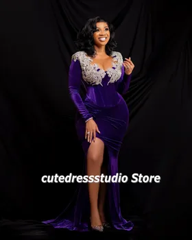 Kuklios violetinės aksominės undinės vakarinės suknelės ilgomis rankovėmis karoliukais puošiančios Afrikos vestuvių vakarėlio suknelės Oficiali proga Prom Wear