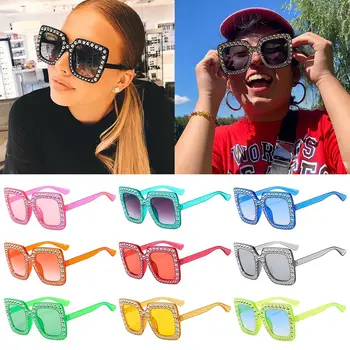Kvadratiniai krištolo negabaritiniai akiniai nuo saulės Retro UV400 apsauga Didelio rėmo akiniai Putojantys atspalviai Moterys