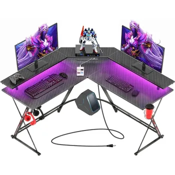 L formos žaidimų stalas su LED lemputėmis ir maitinimo lizdais, 50.4 colio kompiuterių stalai su monitoriaus stovu ir anglies pluošto paviršiumi, juoda