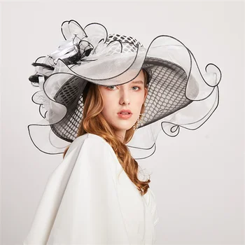 Ladies Fascinators Deby Hat Fedora Summer Church Elegant Organza Linen Sun Hat Photography Party Plaukų aksesuarai
