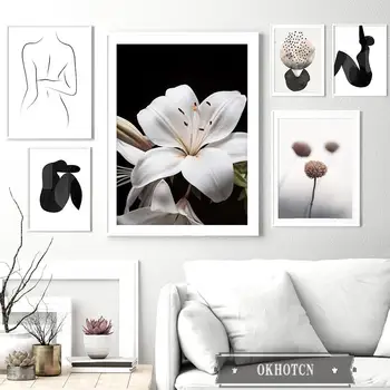 Lelija gėlių augalų drobės tapyba Abstrakti juodai balta mergaitė Kūno formos linija Plakatas Šiaurės šalių sienų meno paveikslėliai svetainei