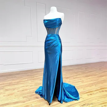 Lily Blue Strapless Elegantiška vestuvių vakarėlio suknelė Pleat Long Celebrity Dress Satin Mermaid Special Occasion Suknelė chalatai du soir