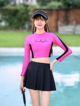 Madingas sportinis maudymosi kostiumėlis, moteriškas ilgų rankovių apsaugos nuo saulės dviejų dalių komplektas, trumpas sijonas, nardymo kostiumas, karštosios versmės