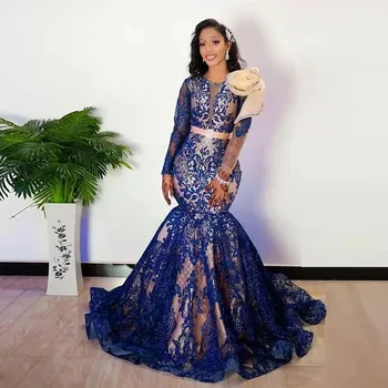 Modest Royal Blue Lace Aso Ebi Prom Suknelės ilgomis rankovėmis Afrikos undinės vakarinė suknelė plius dydžio arabiškos oficialios progos chalatai
