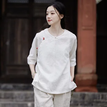 Moterys kinų stiliaus baltos Cheongsam viršūnės Retro Zen arbata Qipao marškinėliai Kung Fu laisvalaikio palaidinė Balta Hanfu chalatai Rytietiški drabužiai
