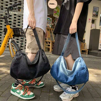 Naujas išskalbtas džinsinis poros pečių krepšystrendy Cool Gradient Color Moterų crossbody krepšys Ladies Tote Casual Didelės talpos kelioninis krepšys
